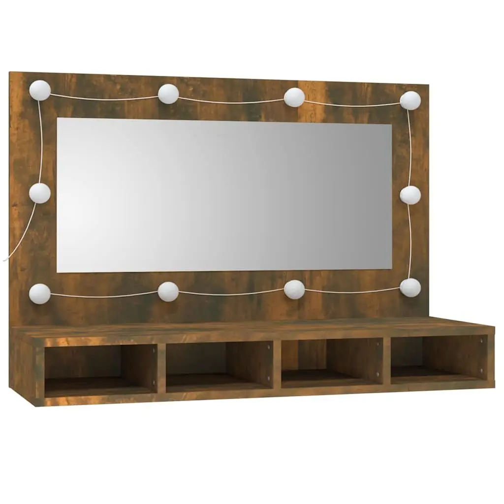 Bathroom Vanity Mirror Cabinet Brown 90x31.5x62cm LED Light Storage Shelves