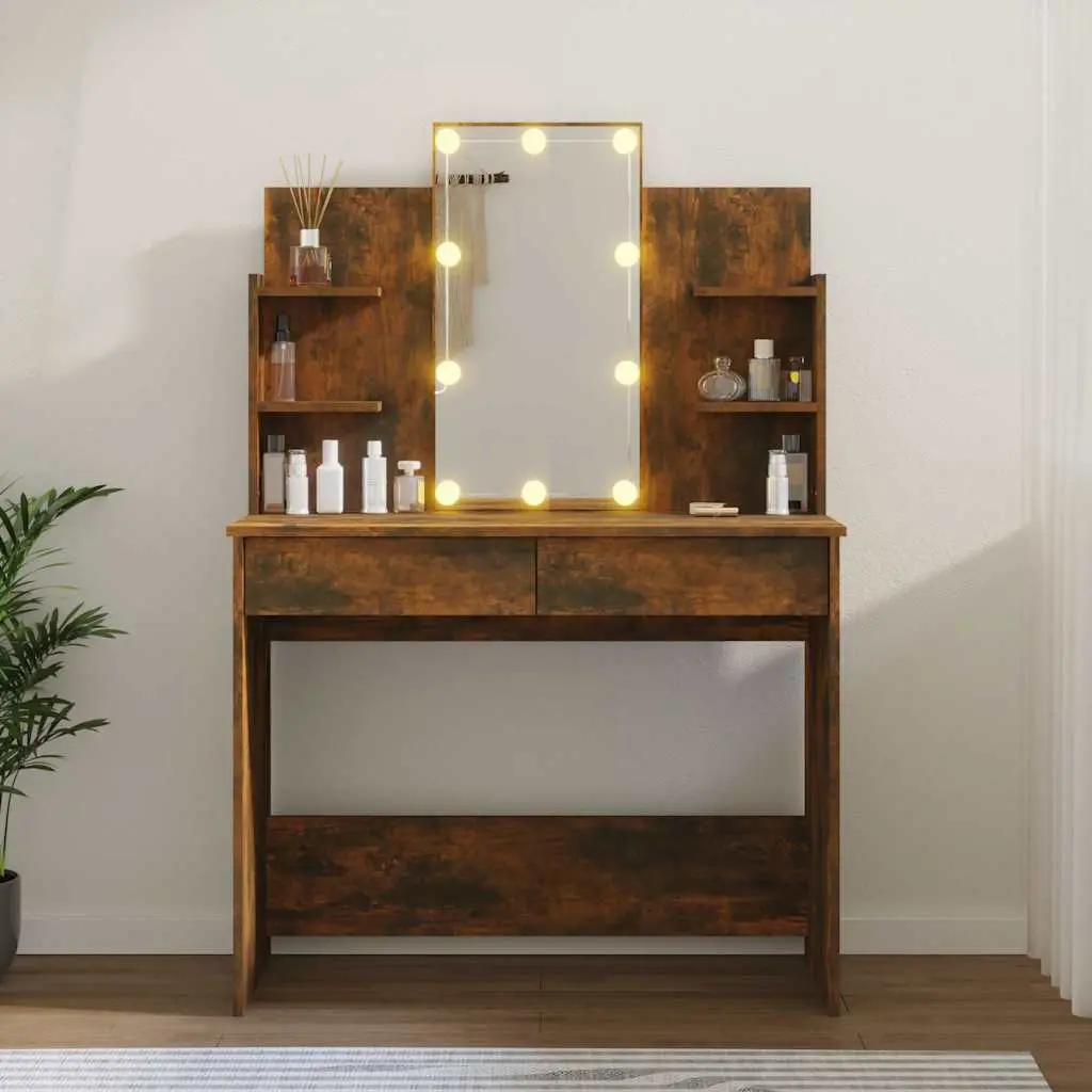 Dressing Table Brown LED Mirror Storage Drawers Vanity Unit 96W x 40D x 142H cm