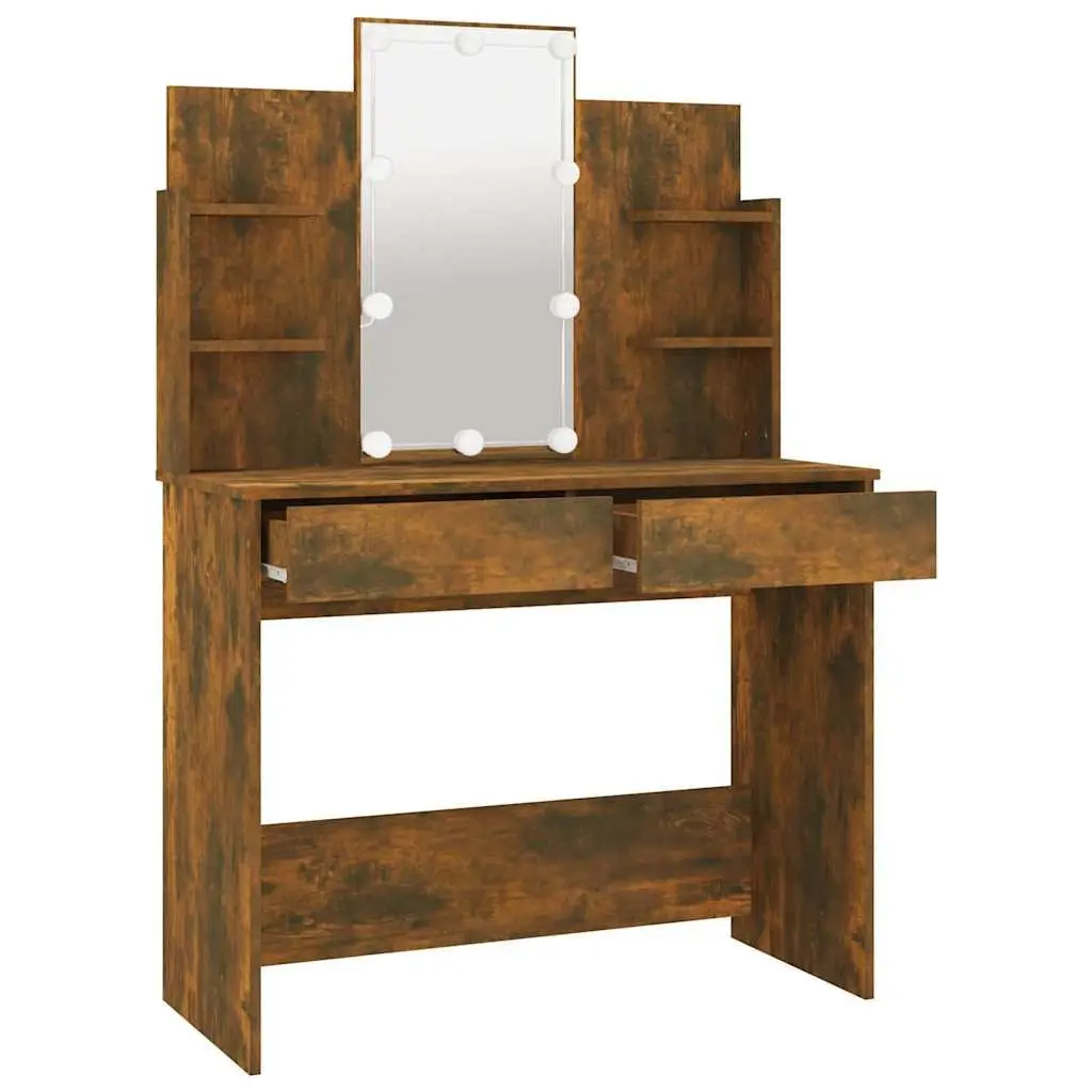 Dressing Table Brown LED Mirror Storage Drawers Vanity Unit 96W x 40D x 142H cm