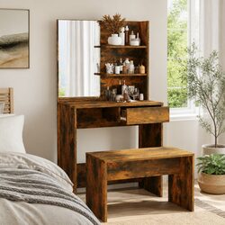 Dressing Table with Mirror Smoked Oak Brown Vanity Makeup Desk Storage Drawer