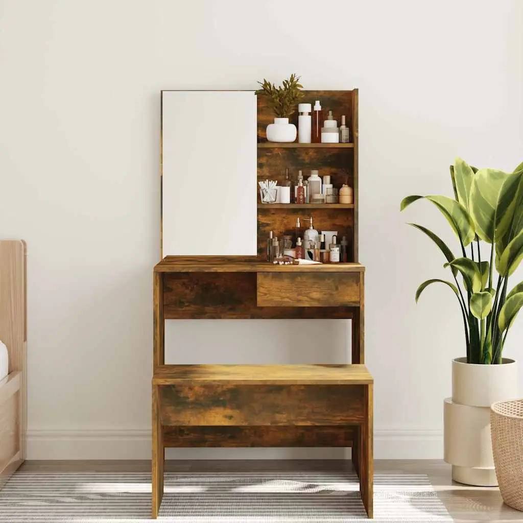 Dressing Table Smoked Oak Brown Large Mirror Storage Drawer