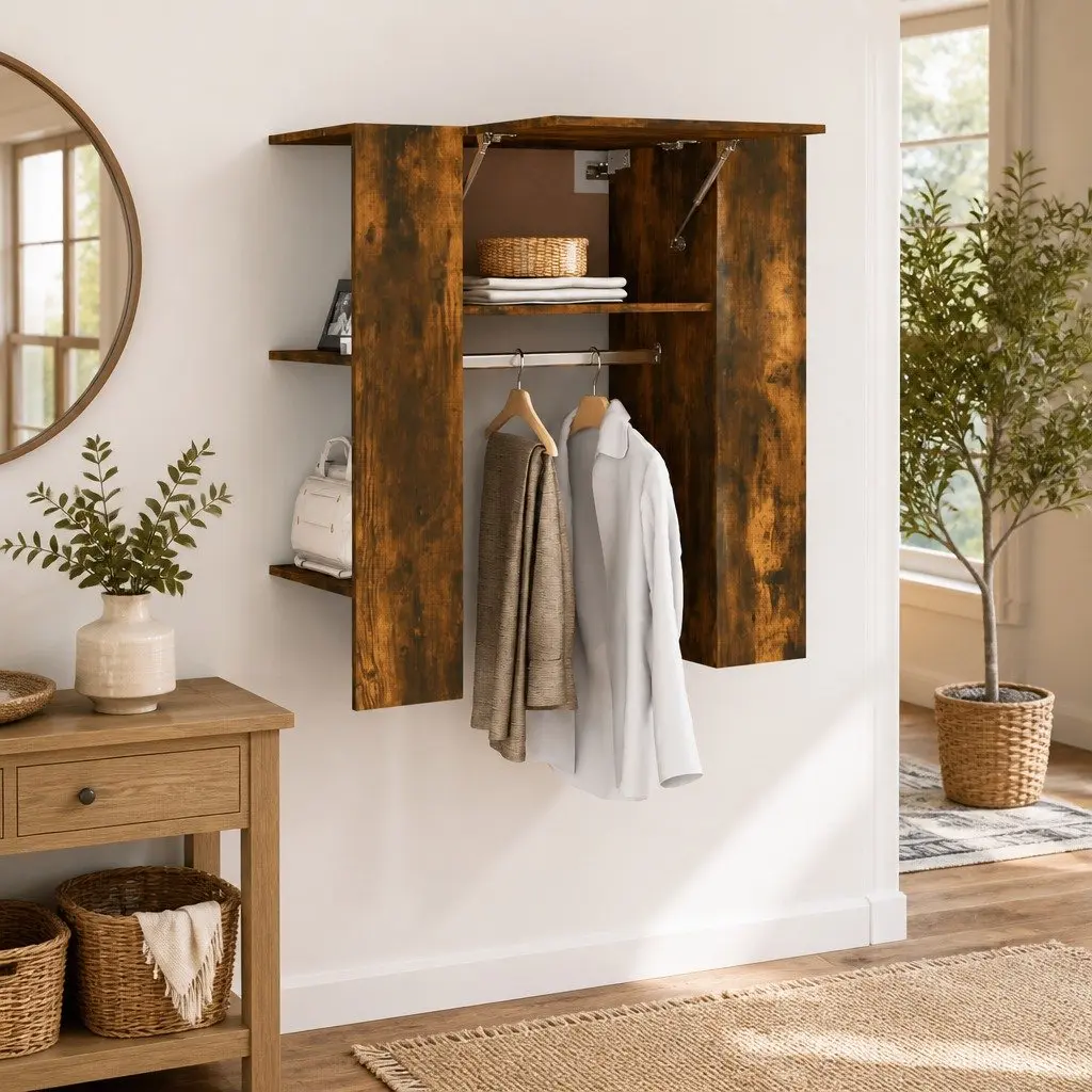 Hallway Cabinet Brown Engineered Wood Storage Unit Shelves Clothes Rail