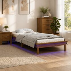 Compact Honey Brown LED Bed Frame, 90x190 cm