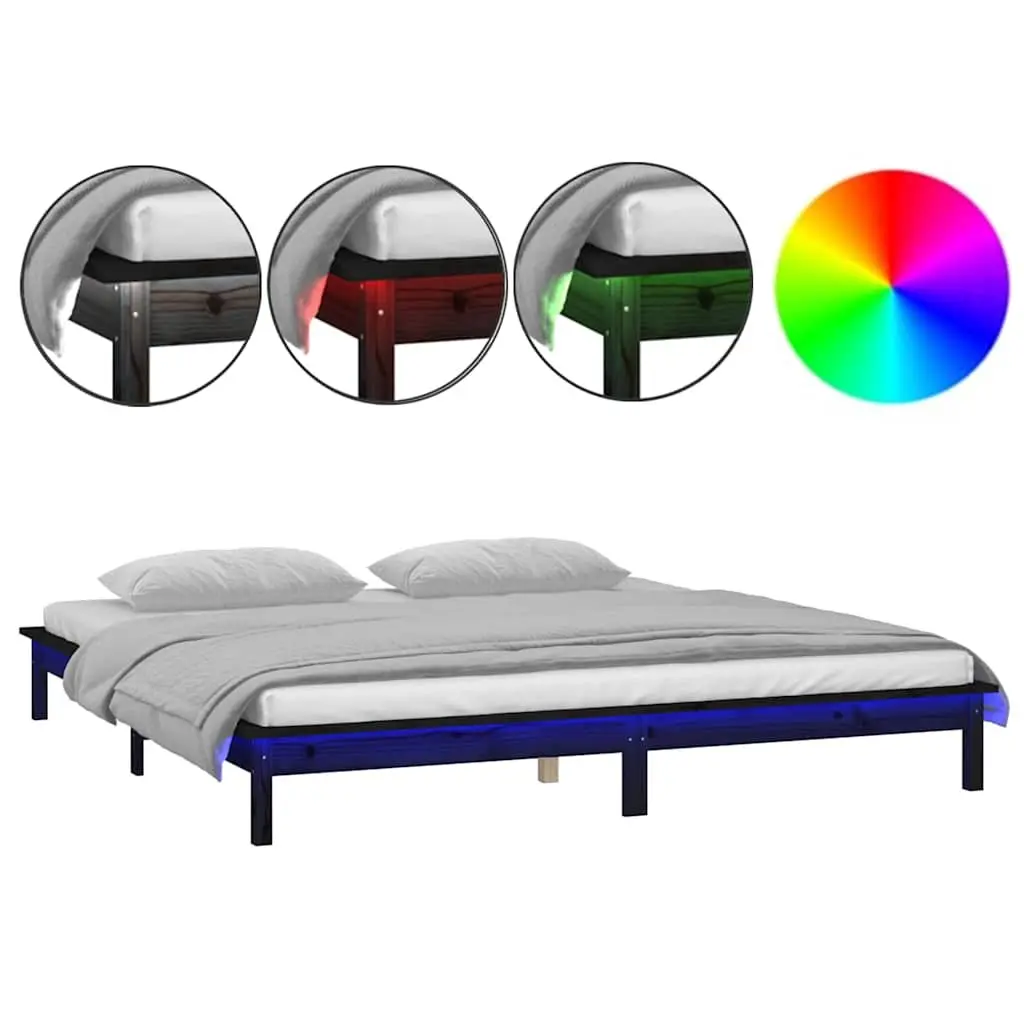 LED Bed Frame Black 135x190 cm Solid Wood Colourful Lights
