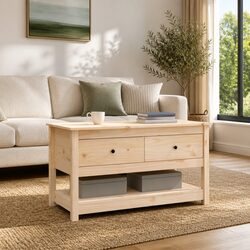 Brown Solid Pine Coffee Table with Storage Options