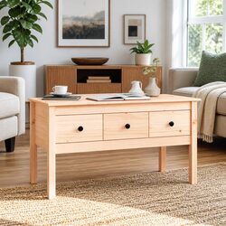 Solid Wood Pine Coffee Table 102x49x55cm Brown Storage Drawers Accent Furniture