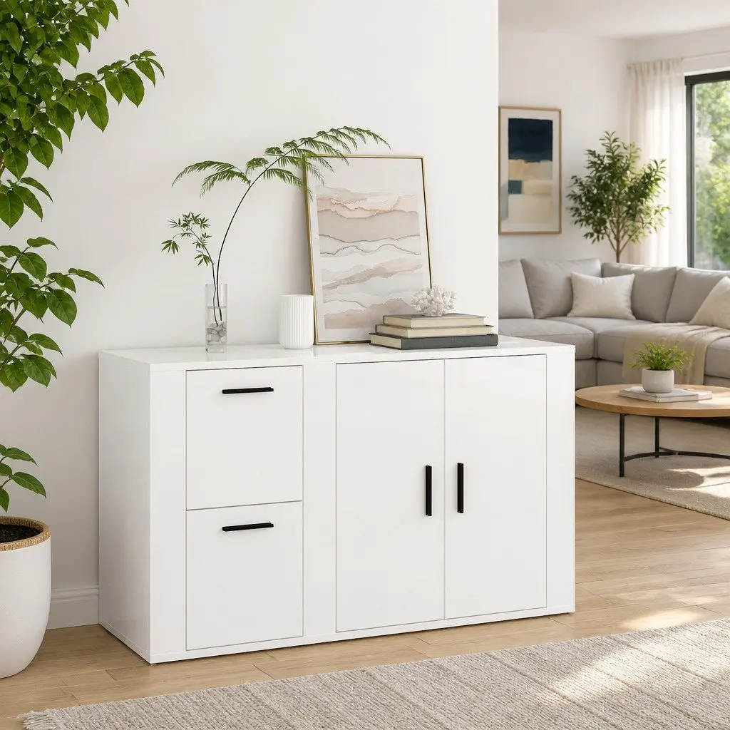 Sideboard High Gloss White Engineered Wood Storage Cabinet 100cm with Smooth Surface