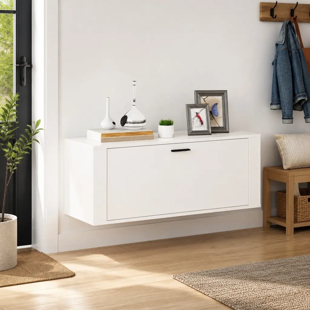 Wall Mounted Shoe Cabinet White High Gloss Storage Organiser 100x35x38 cm
