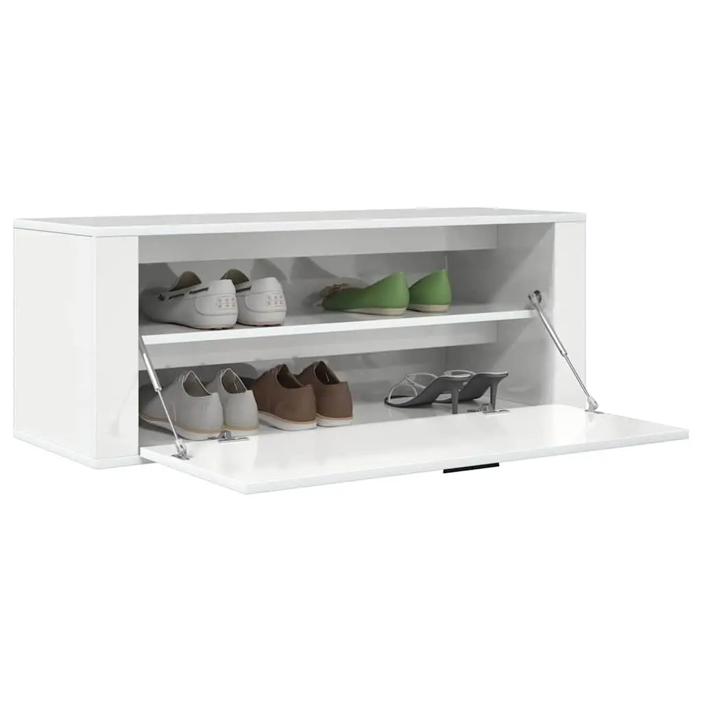 Wall Mounted Shoe Cabinet White High Gloss Storage Organiser 100x35x38 cm