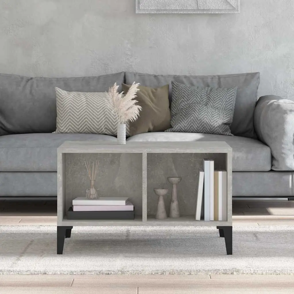 Coffee Table Grey Engineered Wood Open Storage Compartments Metal Feet