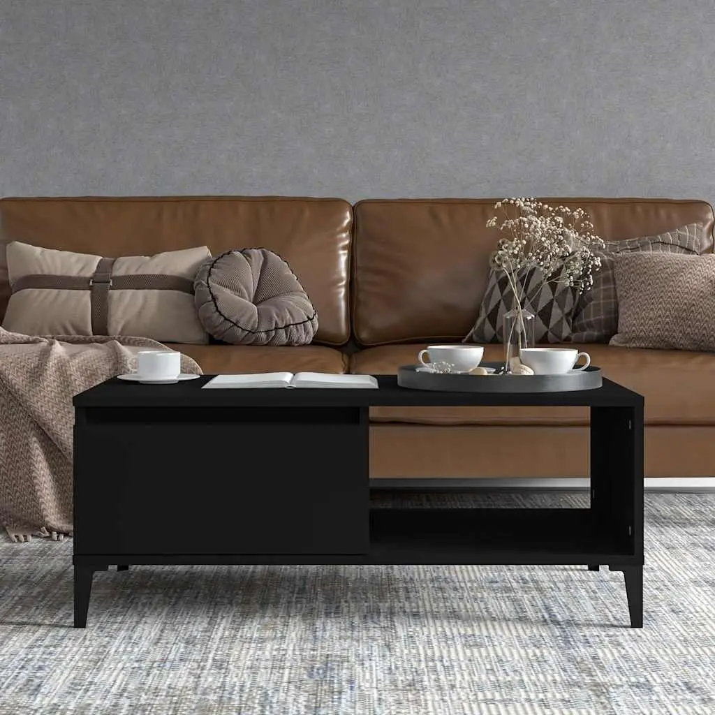 Coffee Table Black Industrial 90x50x36.5cm Storage 1 Drawer Open Compartment