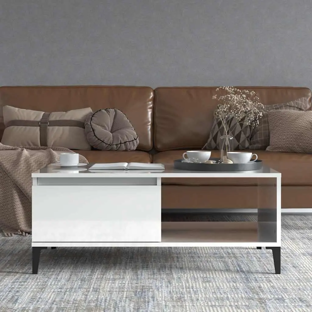 Coffee Table White High Gloss 90L x 50W x 36.5H cm Storage Drawer Open Compartment Modern Side Table