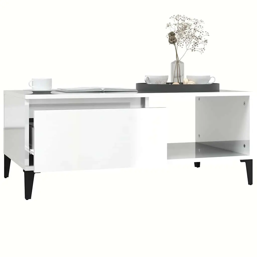 Coffee Table White High Gloss 90L x 50W x 36.5H cm Storage Drawer Open Compartment Modern Side Table