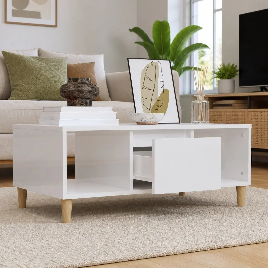 Coffee Table White High Gloss Engineered Wood Storage Compartments Drawer