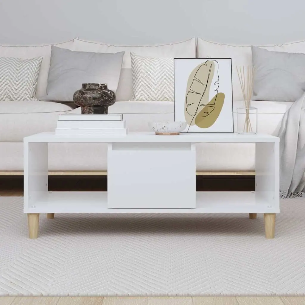 Coffee Table White High Gloss Engineered Wood Storage Compartments Drawer