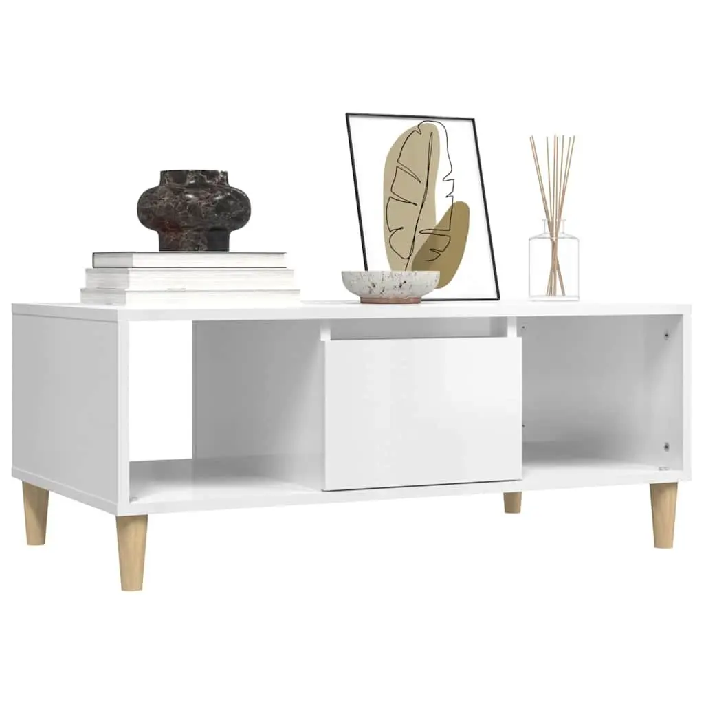Coffee Table White High Gloss Engineered Wood Storage Compartments Drawer