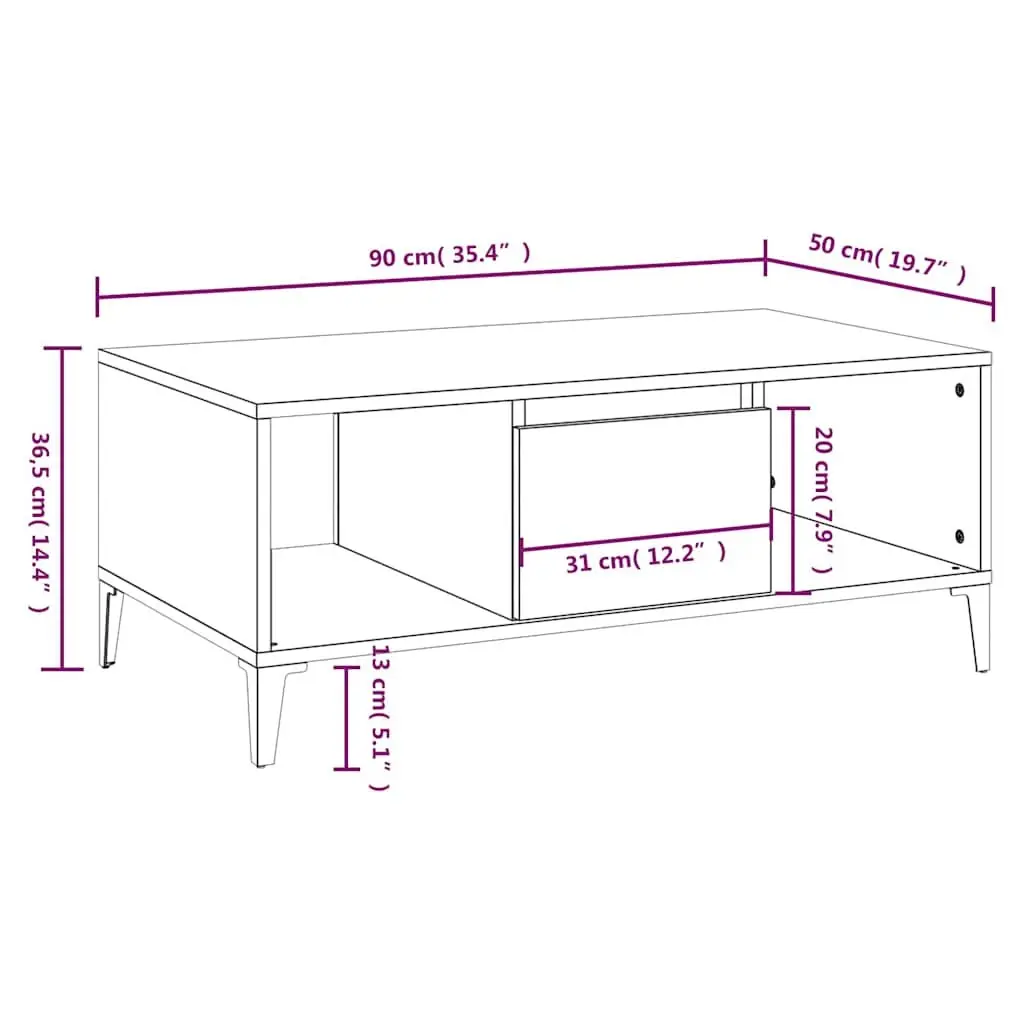 Coffee Table Engineered Wood White Storage Drawer Open Compartments 90Lx50Wx36.5Hcm
