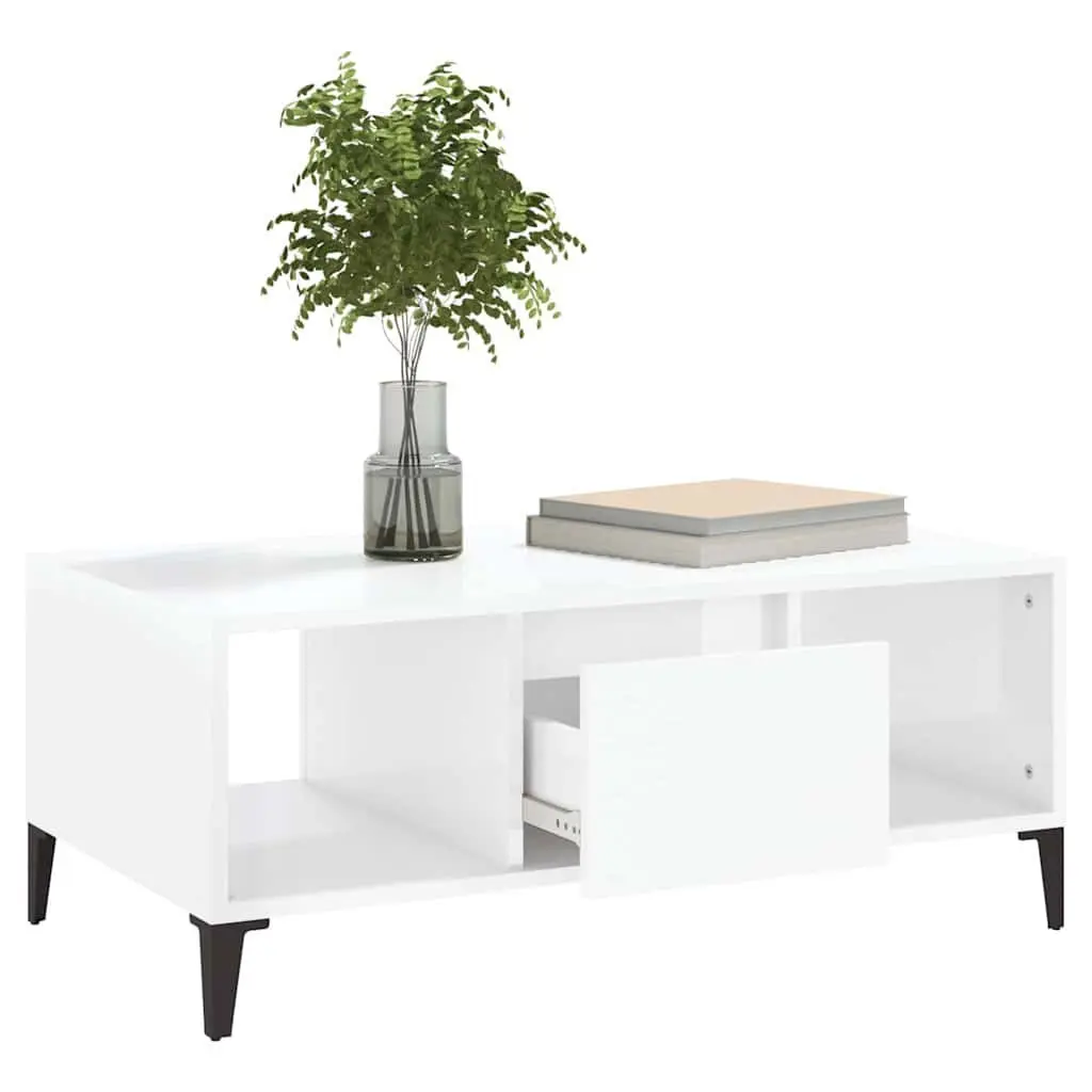 Coffee Table High Gloss White Engineered Wood 1 Drawer 2 Open Compartments