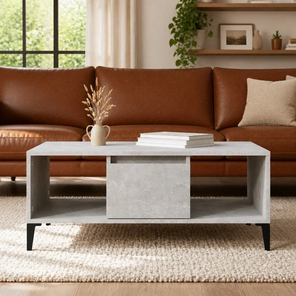 Coffee Table Grey 90x50x36.5 cm with Drawer and Open Compartments Storage