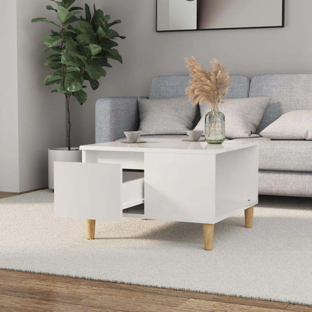 Coffee Table High Gloss White Modern 55x55x36.5cm with Storage and Drawer