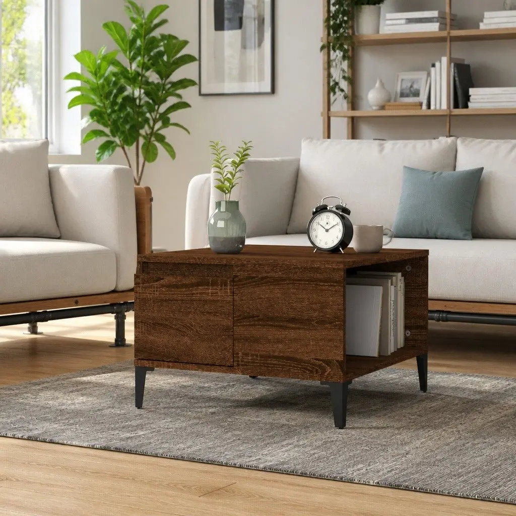 Brown Oak Coffee Table 55x55x36.5cm with Open Compartment and Storage Drawer Metal Feet