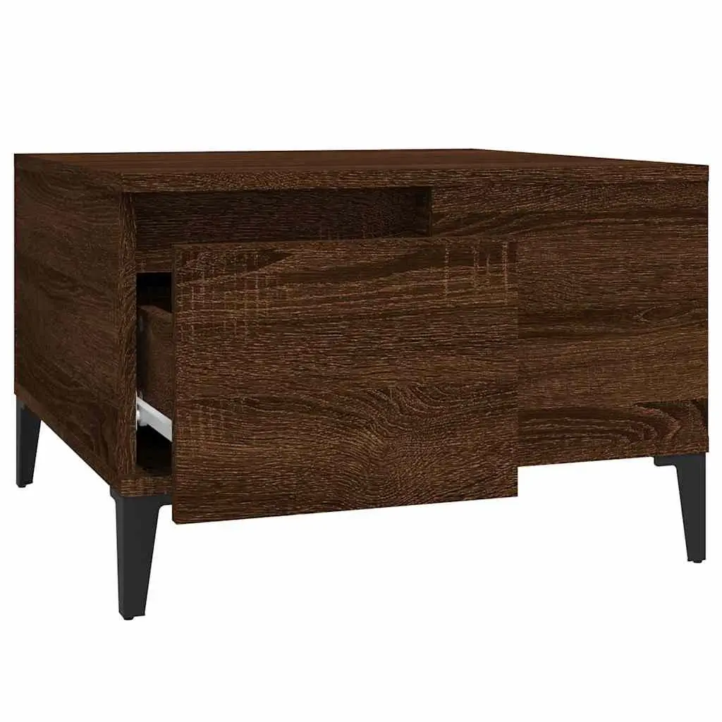 Brown Oak Coffee Table 55x55x36.5cm with Open Compartment and Storage Drawer Metal Feet