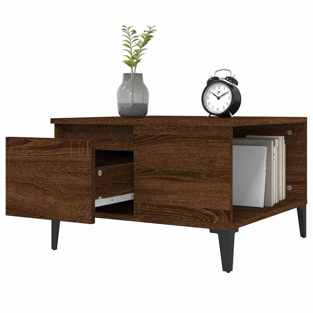 Brown Oak Coffee Table 55x55x36.5cm with Open Compartment and Storage Drawer Metal Feet