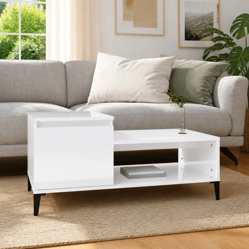 Coffee Table White High Gloss Storage Compartment Shelf Living Room