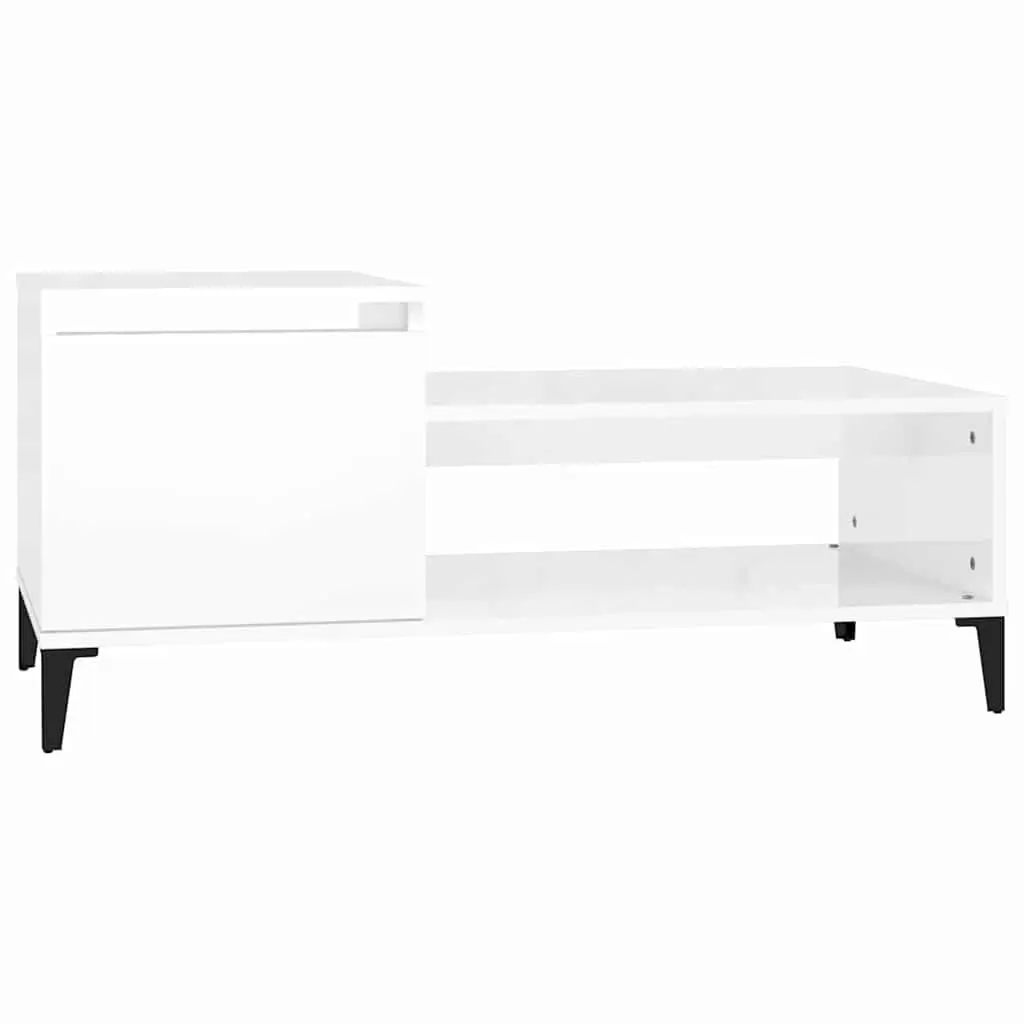 Coffee Table White High Gloss Storage Compartment Shelf Living Room