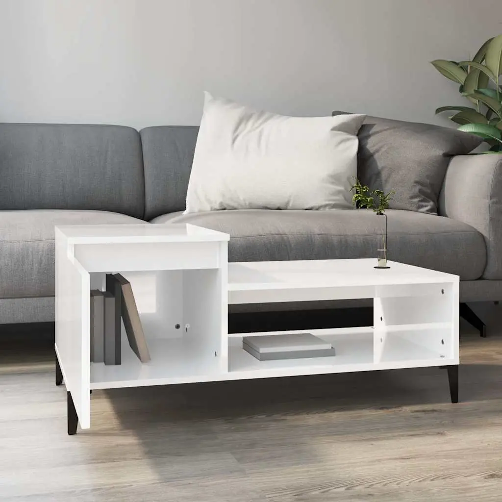 Coffee Table White High Gloss Storage Compartment Shelf Living Room