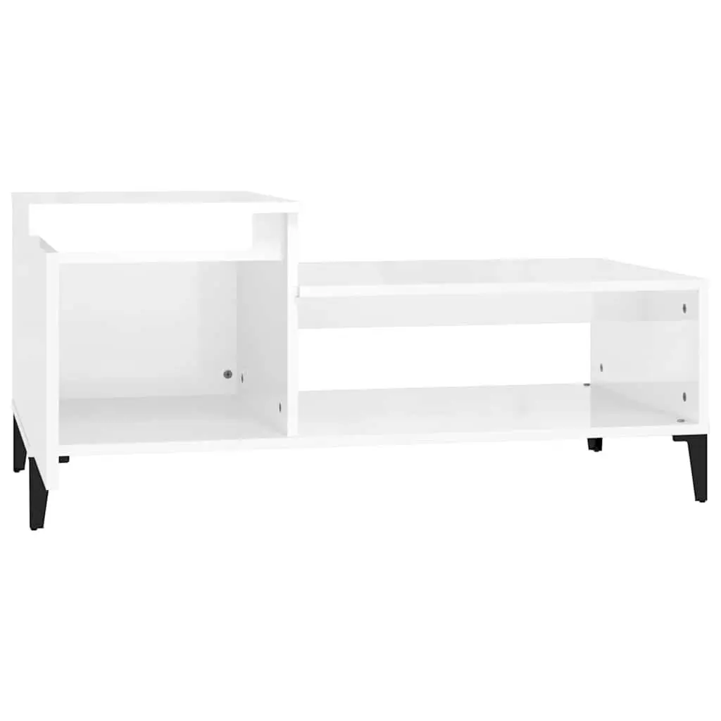 Coffee Table White High Gloss Storage Compartment Shelf Living Room