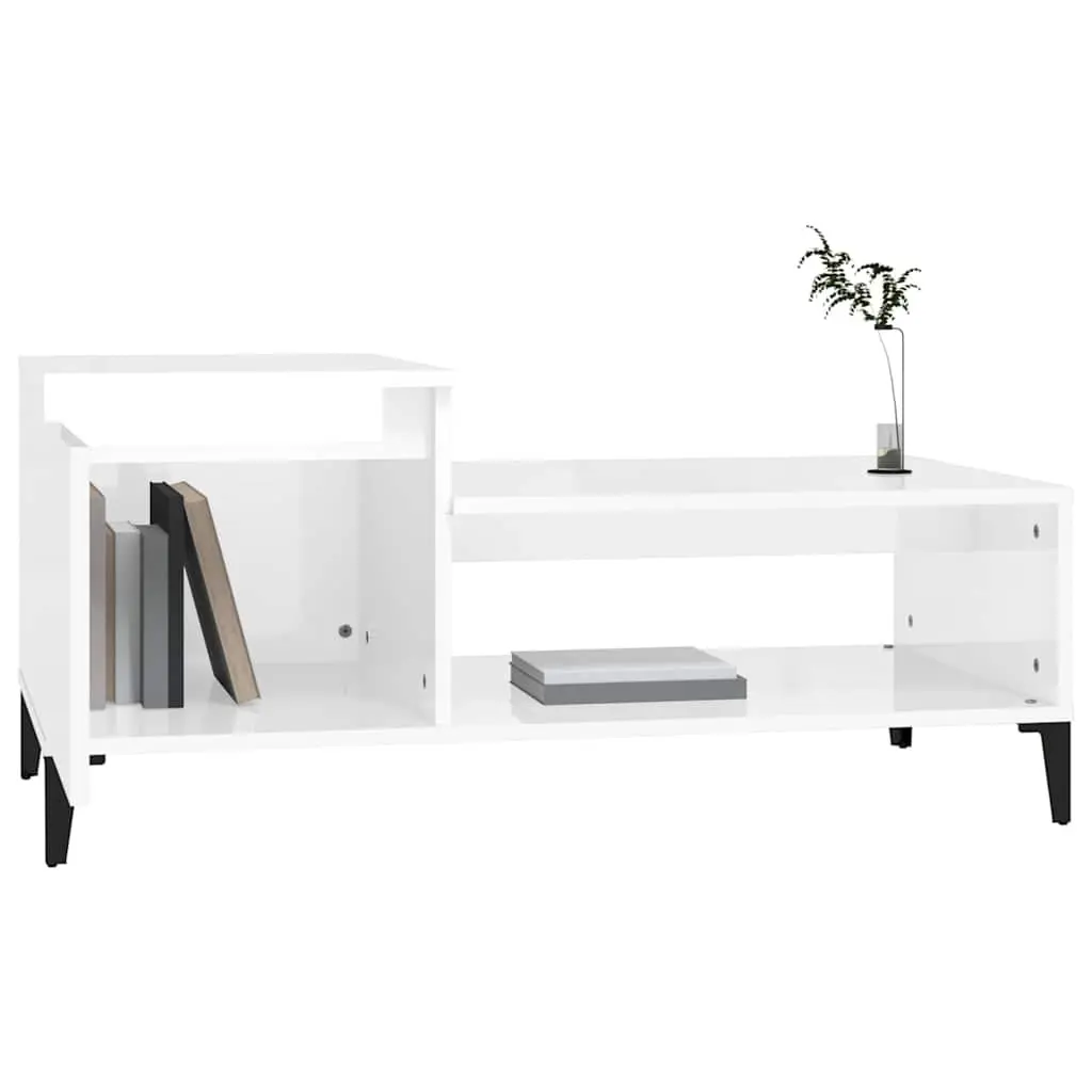 Coffee Table White High Gloss Storage Compartment Shelf Living Room