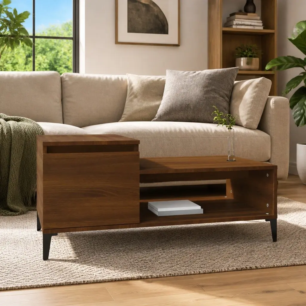 Engineered Wood Coffee Table Brown Oak with Shelf Door and Storage Compartment 100x50x45cm