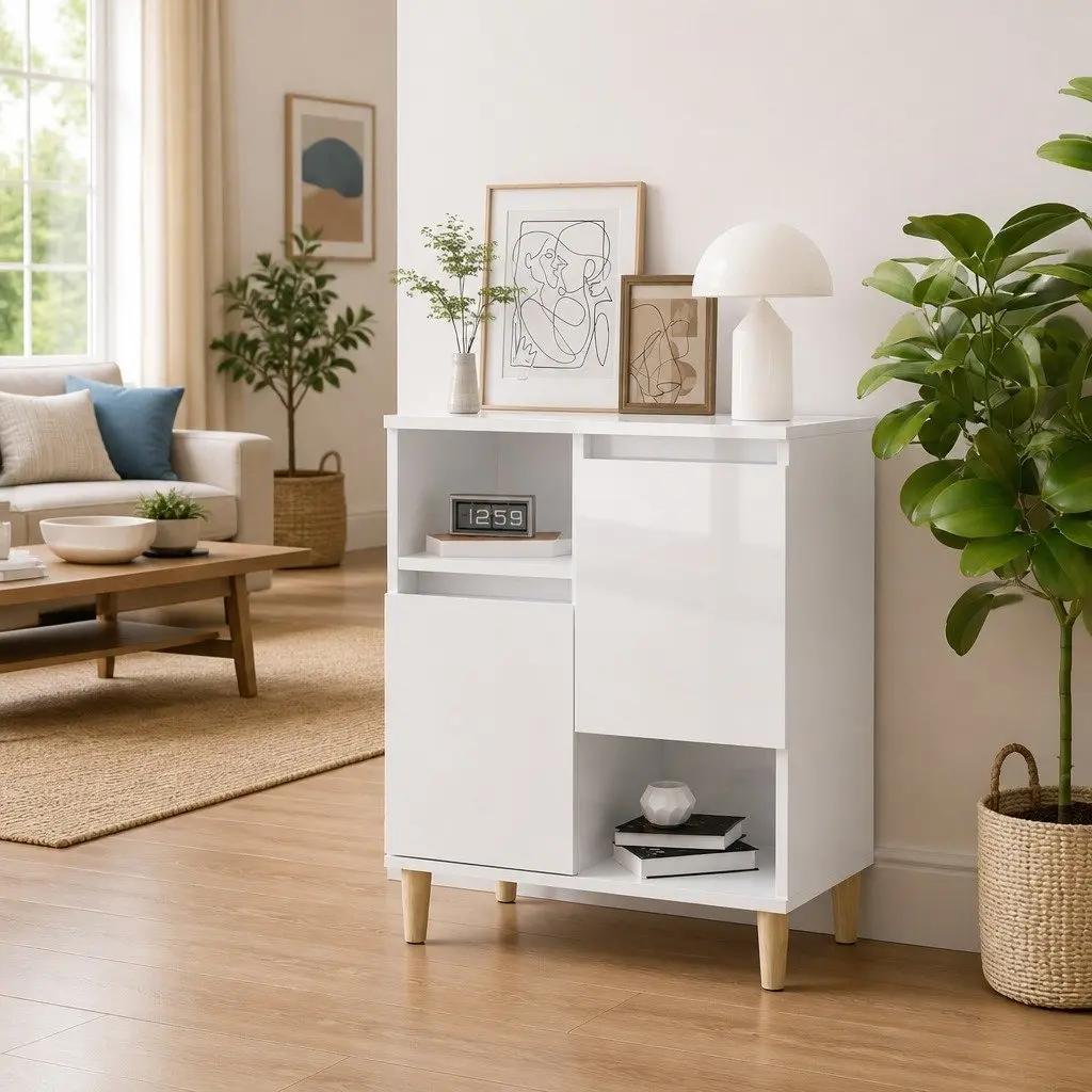 Sideboard White High Gloss 60x35x70cm Engineered Wood 4 Compartments 2 Doors