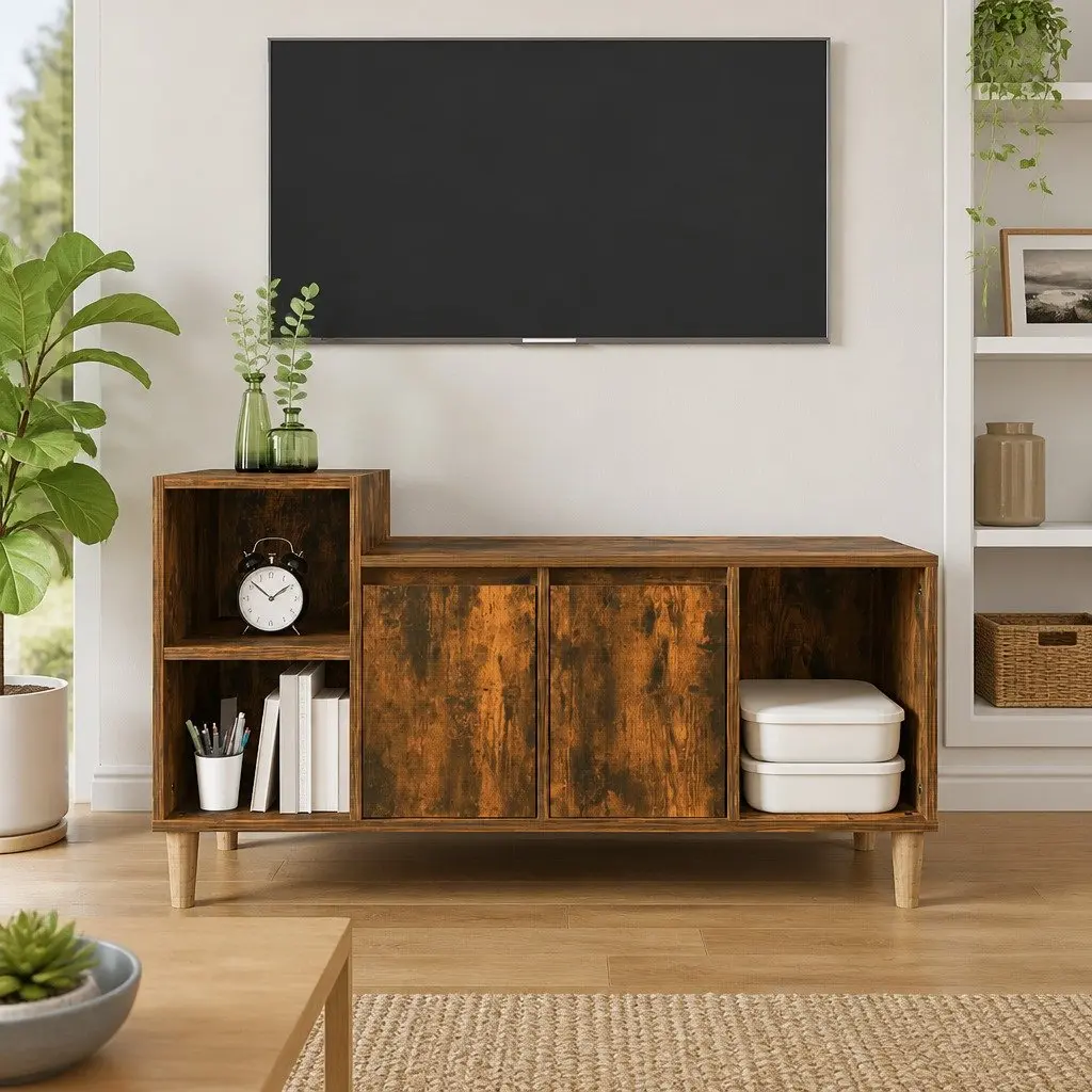 TV Cabinet Smoked Oak Engineered Wood 100x35x55cm Ample Storage Media Console