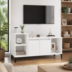 TV Cabinet White Media Storage Unit Engineered Wood Doors Compartments
