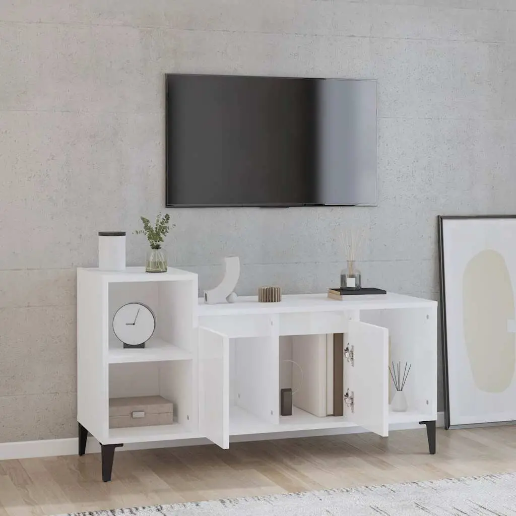 TV Cabinet White High Gloss Engineered Wood Media Storage Unit