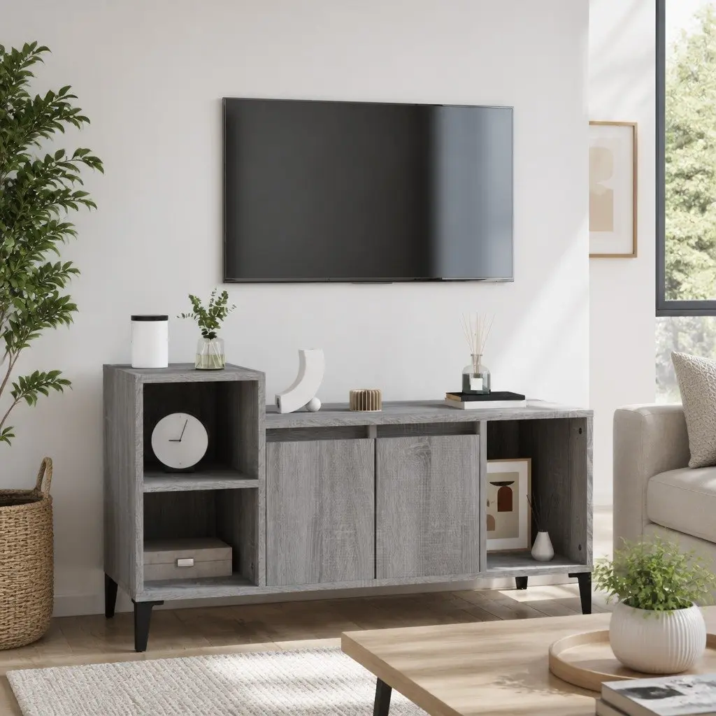 Engineered Wood TV Cabinet Grey Storage Unit Media Console 100x35x55cm