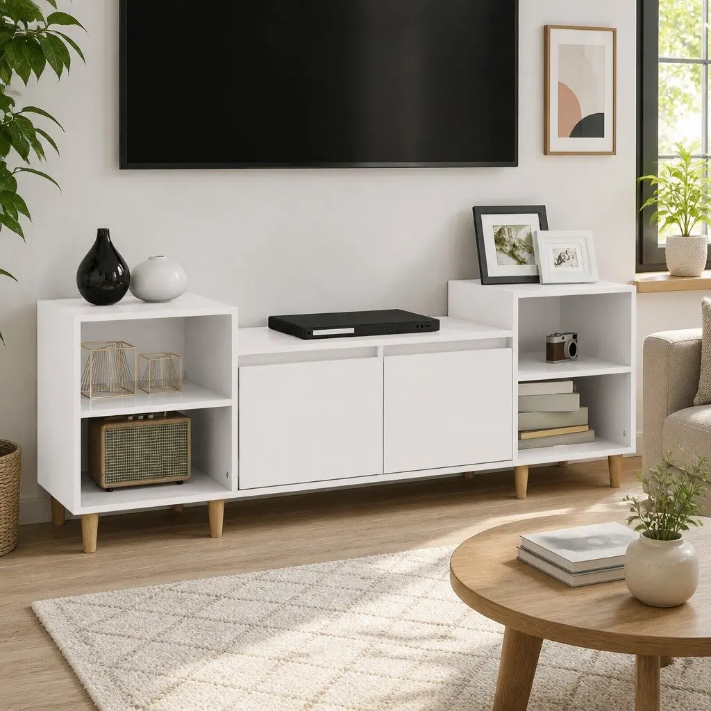 TV Cabinet High Gloss White Engineered Wood 6 Compartments Sturdy Storage Unit
