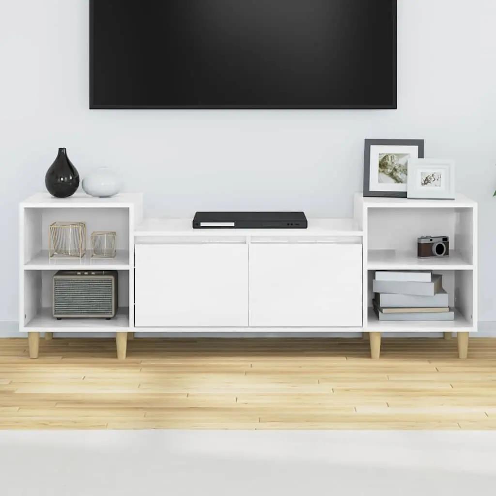 TV Cabinet High Gloss White Engineered Wood 6 Compartments Sturdy Storage Unit