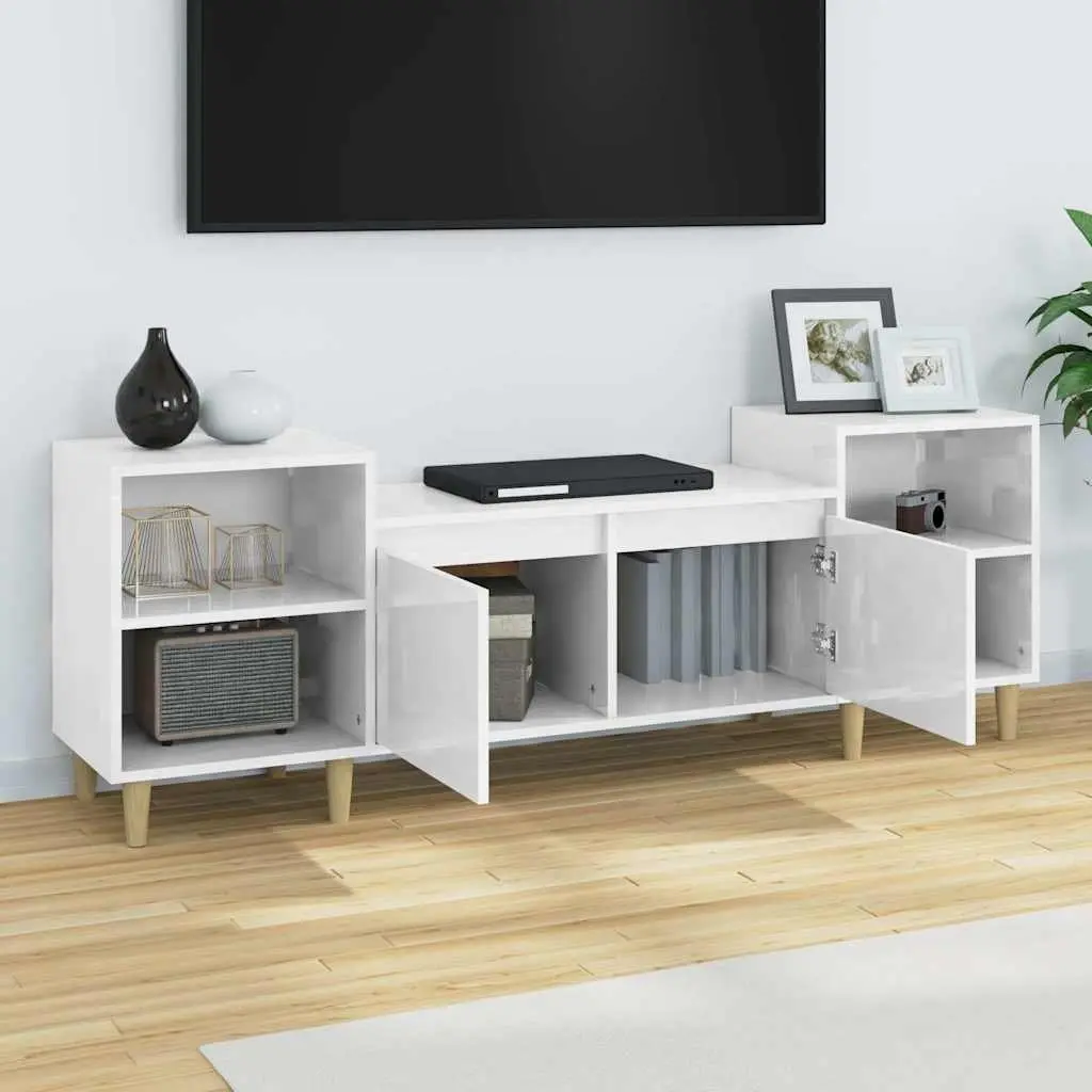 TV Cabinet High Gloss White Engineered Wood 6 Compartments Sturdy Storage Unit