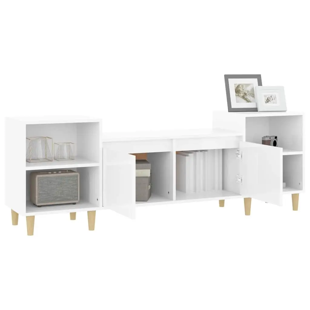 TV Cabinet High Gloss White Engineered Wood 6 Compartments Sturdy Storage Unit