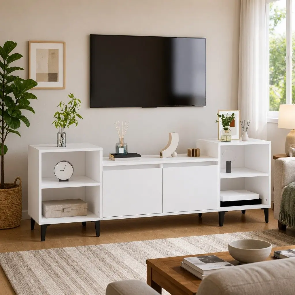 TV Cabinet White High Gloss 160x35x55 cm Engineered Wood Storage Unit Media Stand