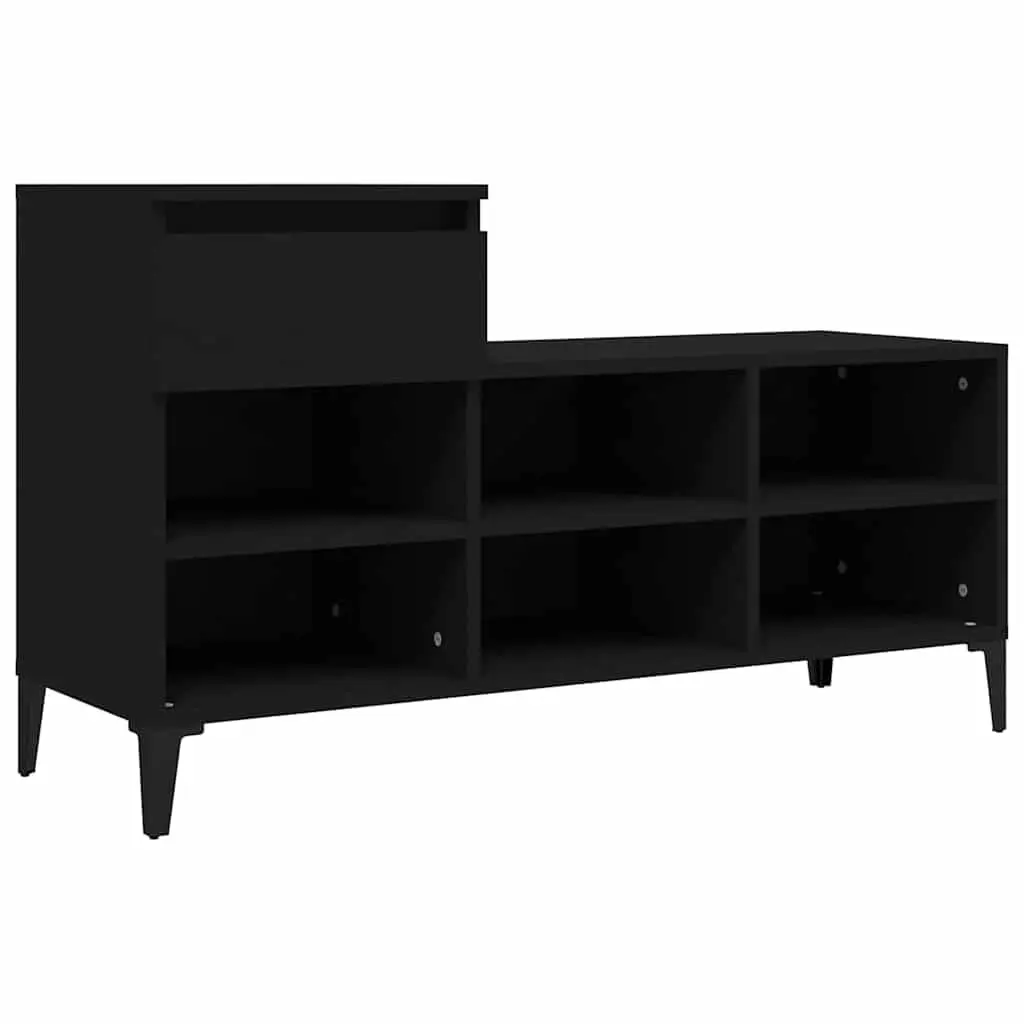 Shoe Storage Cabinet Black Engineered Wood 6 Compartments 1 Drawer with Metal Legs