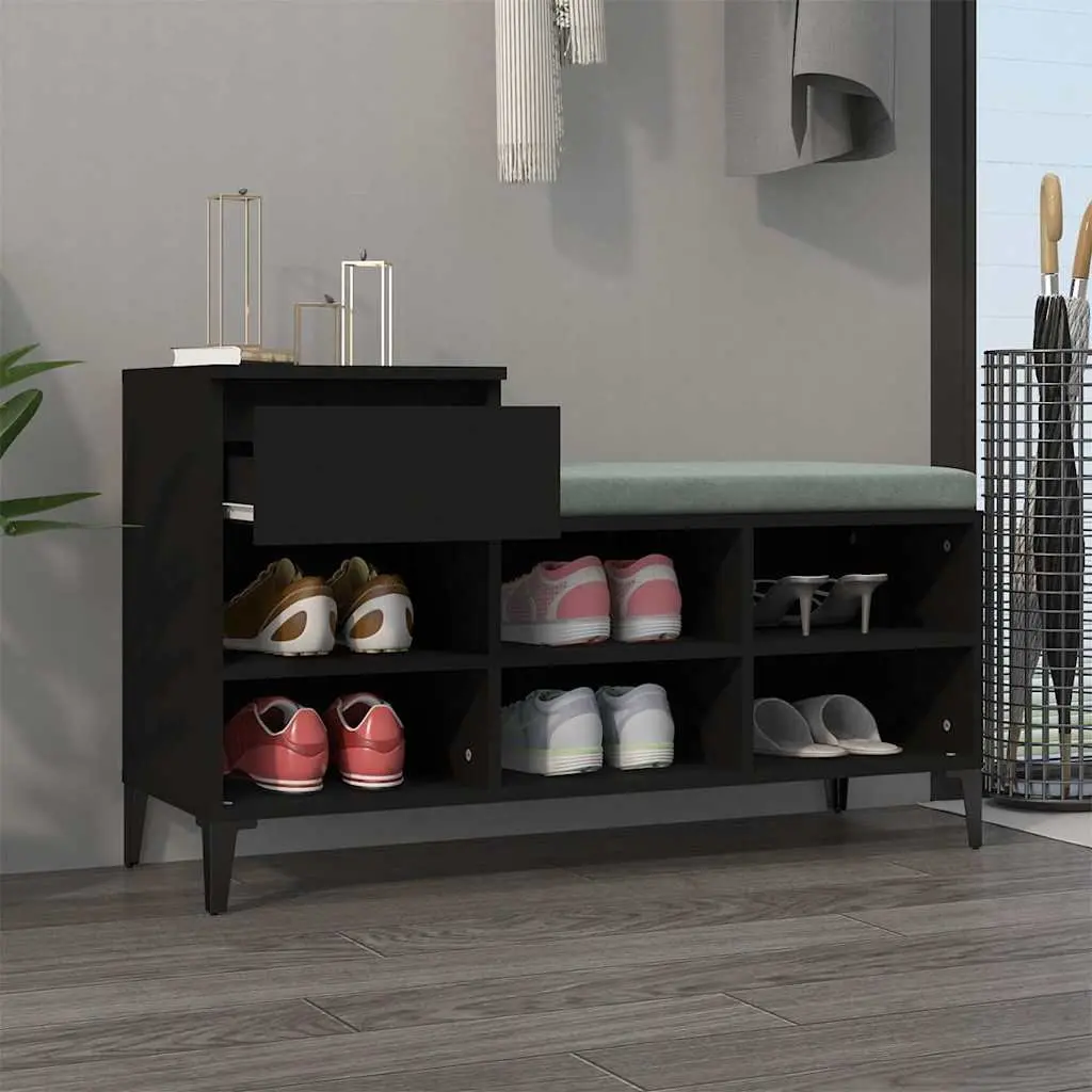 Shoe Storage Cabinet Black Engineered Wood 6 Compartments 1 Drawer with Metal Legs
