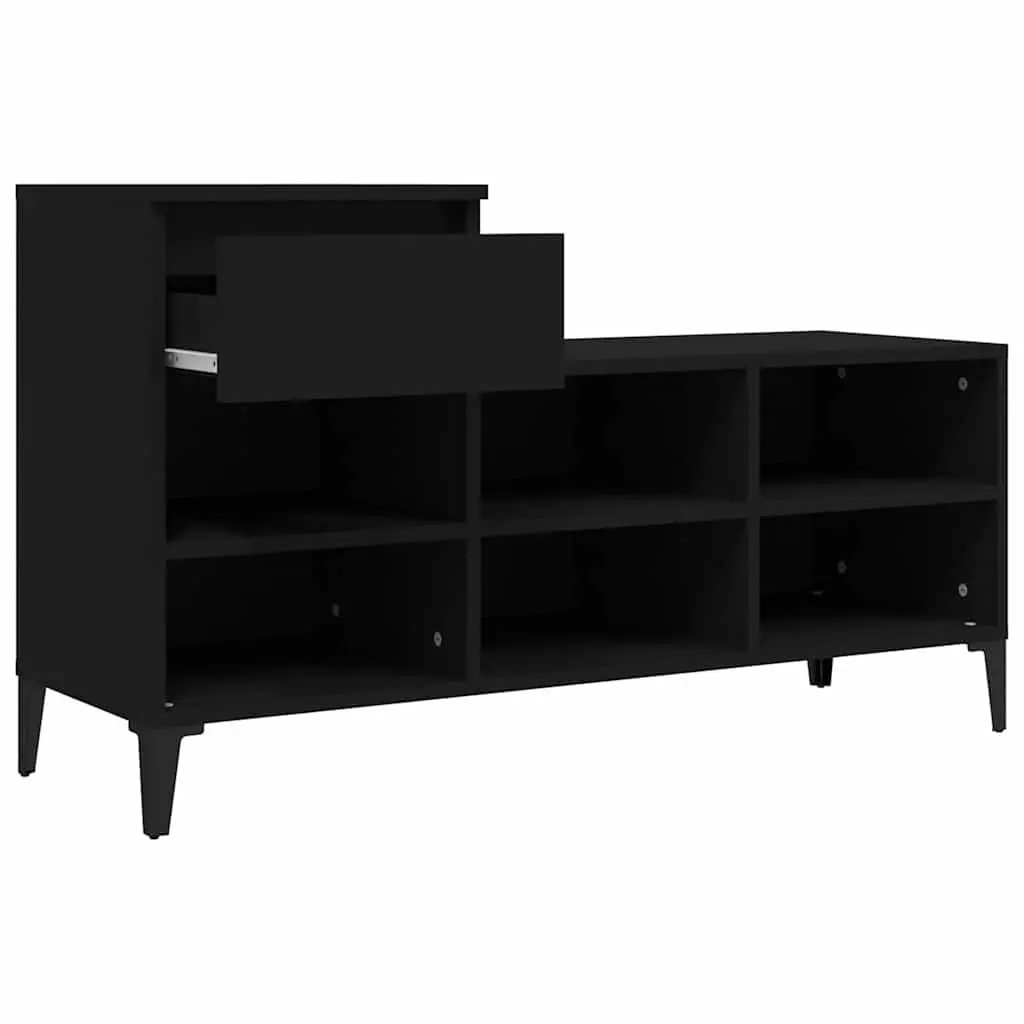 Shoe Storage Cabinet Black Engineered Wood 6 Compartments 1 Drawer with Metal Legs