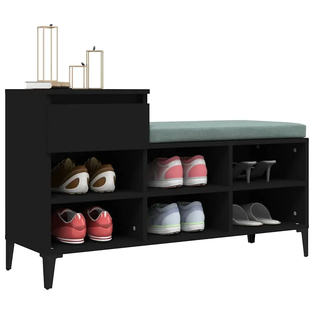 Shoe Storage Cabinet Black Engineered Wood 6 Compartments 1 Drawer with Metal Legs