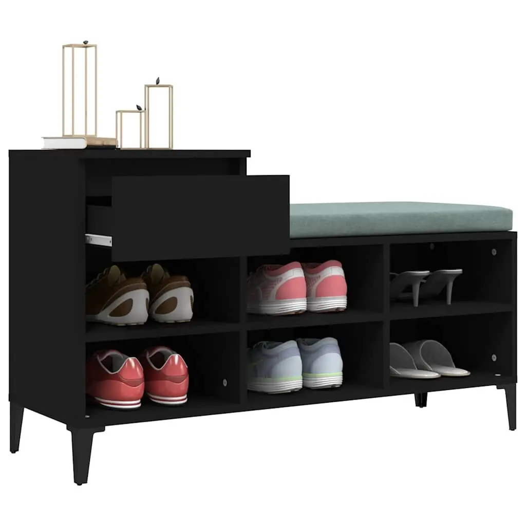 Shoe Storage Cabinet Black Engineered Wood 6 Compartments 1 Drawer with Metal Legs