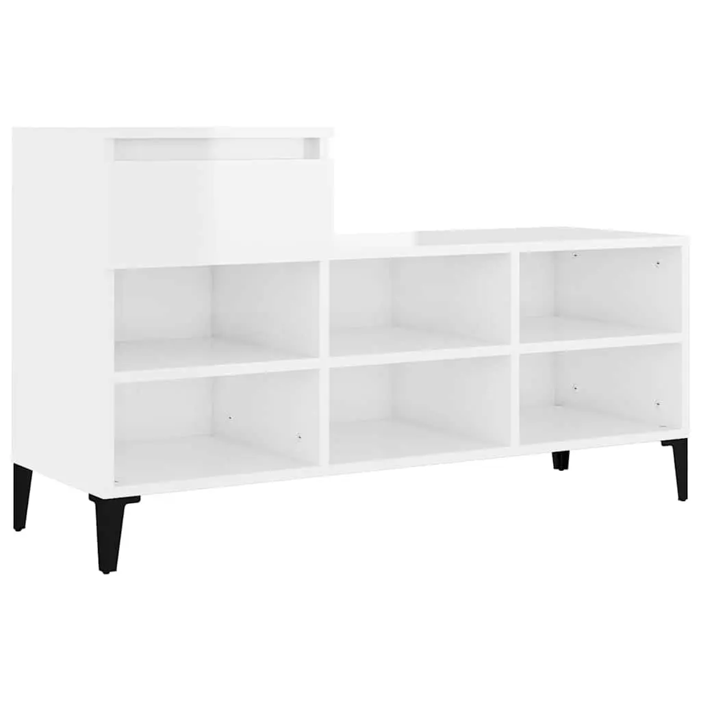Shoe Storage Cabinet High Gloss White Engineered Wood with 6 Compartments and Drawer 102x36x60cm