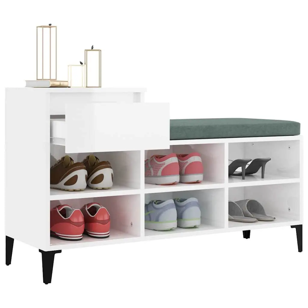 Shoe Storage Cabinet High Gloss White Engineered Wood with 6 Compartments and Drawer 102x36x60cm